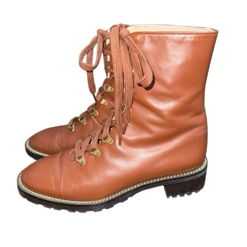 STUART WEITZMAN BROWN KOLBIE GOLD CHAIN COMBAT BOOT SZ 9.5